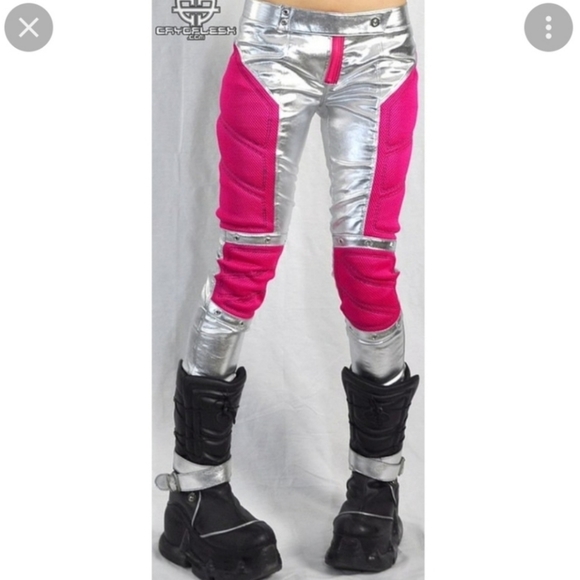 Lip Service Pants - Rare Lip Service Cyber Goth Cyberpunk Metallic Pink & Silver Pants Size Large